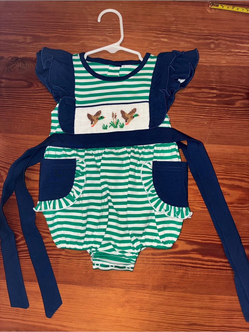 Green & White Striped Baby Romper with Navy Accents and Duck Embroidery